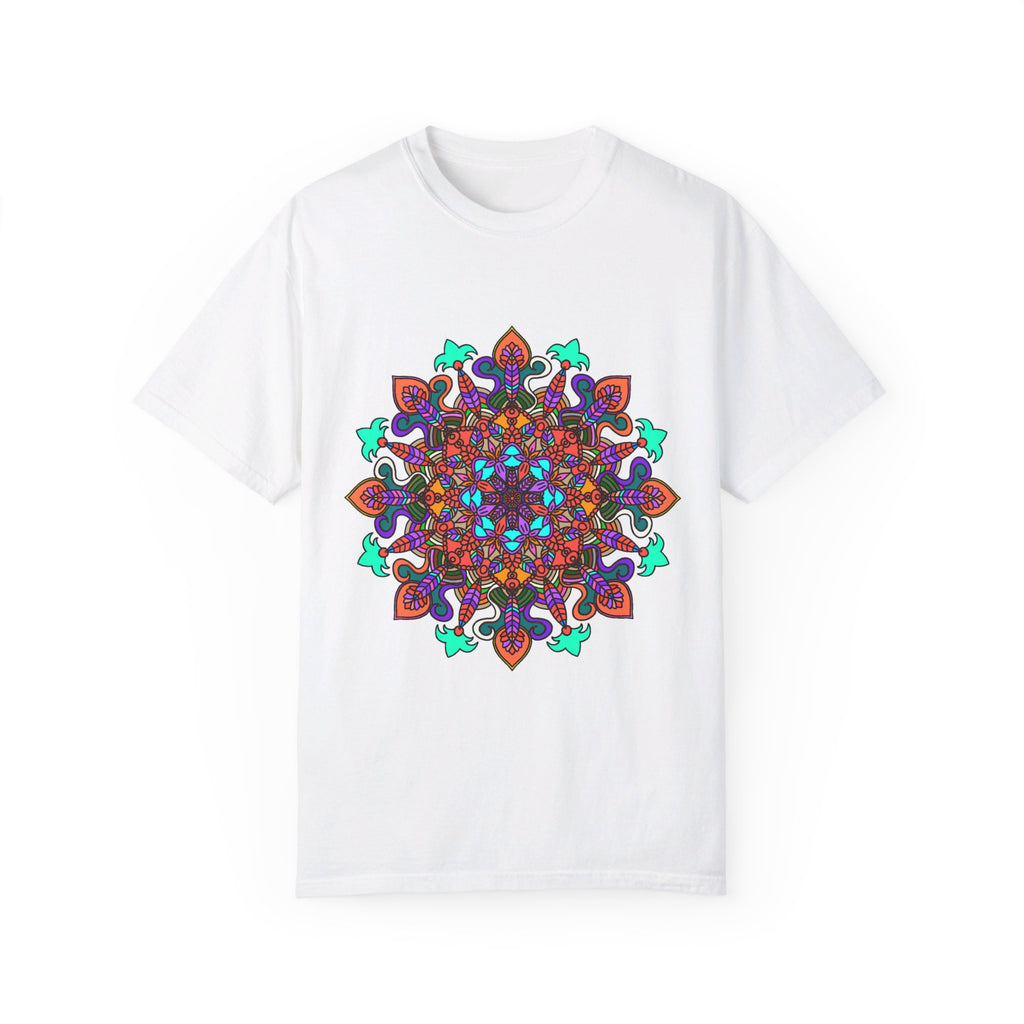 Unisex mandala t-shirt made of 100% ring-spun cotton with hand-drawn mandala art, garment-dyed for extra comfort