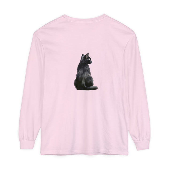 Black Cat Mystique Long Sleeve T-Shirt: A black t-shirt featuring a mystical cat design on the front