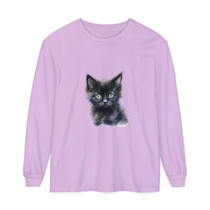 Black long sleeve t-shirt featuring a whimsical, mystical kitten design for all genders