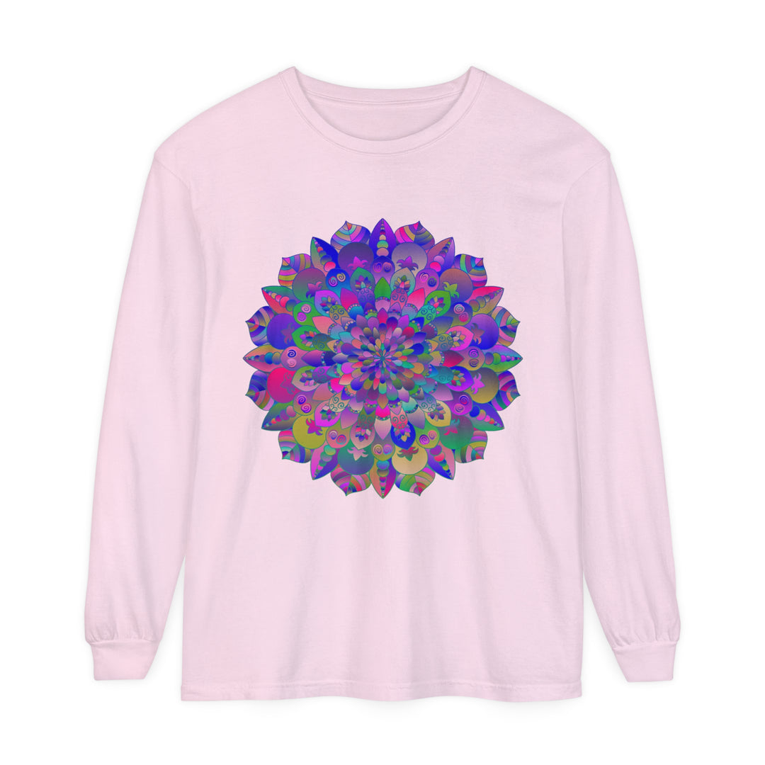 Colorful and intricate mandala design on a comfortable long sleeve t-shirt