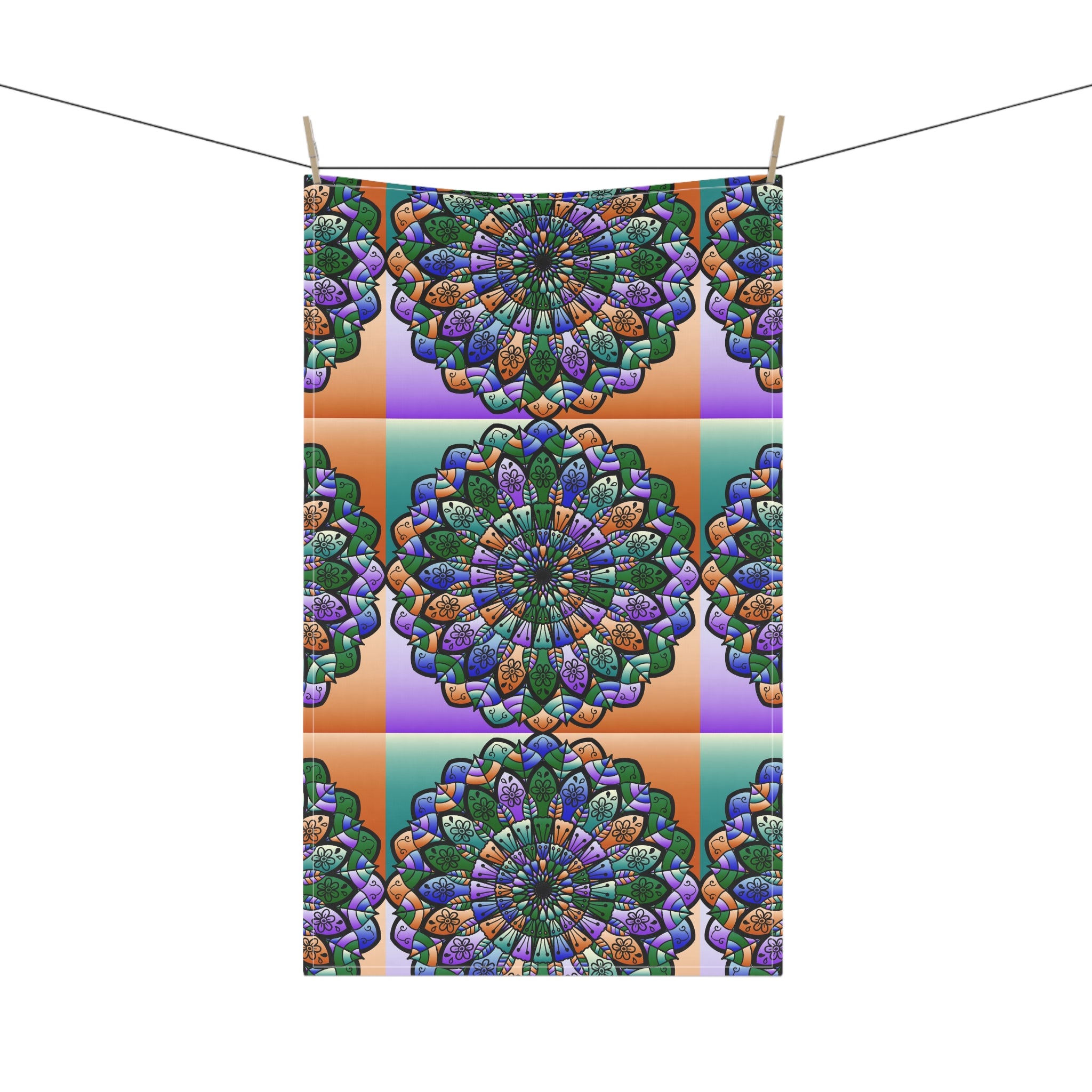 Mandala Pattern Kitchen Towels in Bold Green and Purple Hues