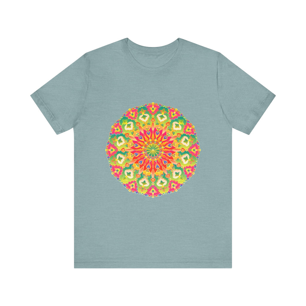 A close-up image of a vibrant mandala tee, featuring intricate and colorful design patterns, perfect for adding a pop of color to your wardrobe