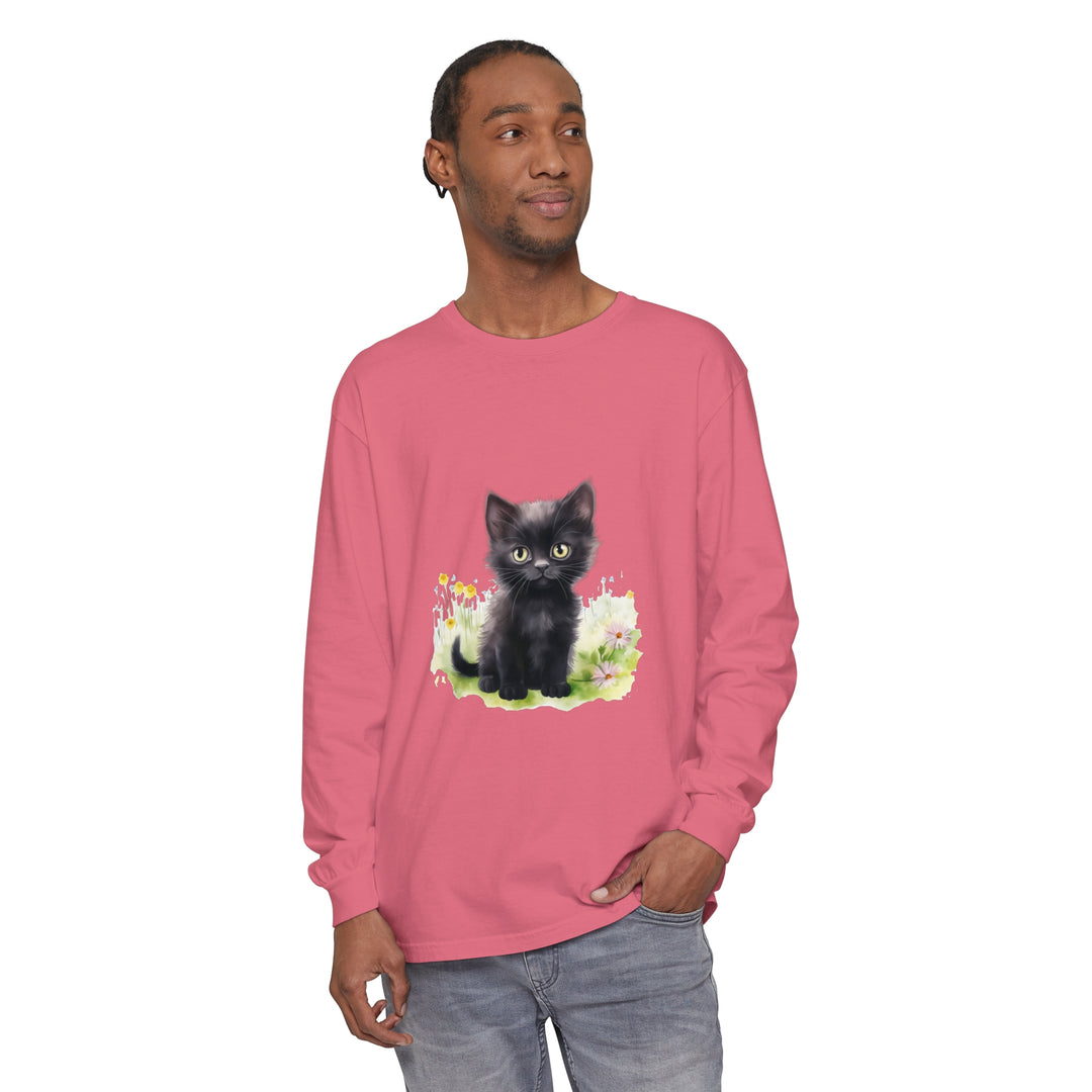 Black kitten playing in a colorful flower garden, printed on a long sleeve T-shirt