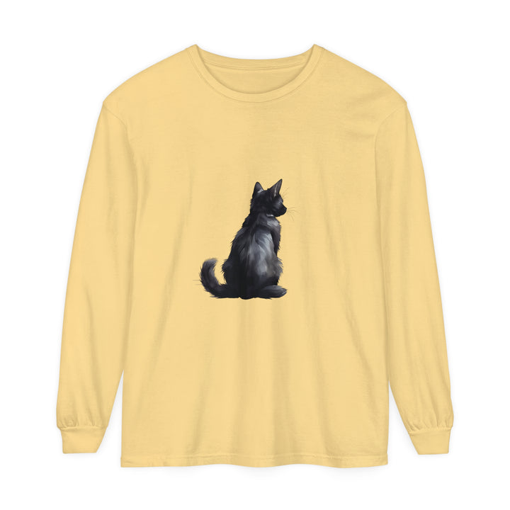 Black Cat Mystery unisex long sleeve tee featuring a spooky black cat design