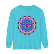 A close-up image of a vibrant mandala long sleeve t-shirt with intricate and colorful geometric patterns
