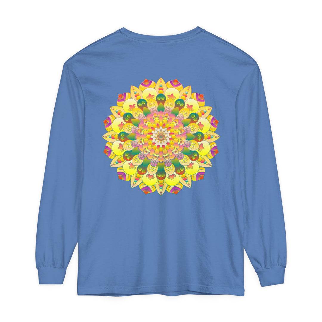 Colorful and intricate mandala design on a unisex long sleeve t-shirt