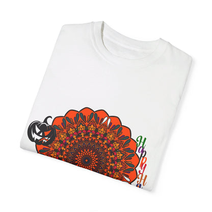 Unisex Halloween Mandala T-shirt featuring handmade pumpkin mandala art on garment-dyed tee