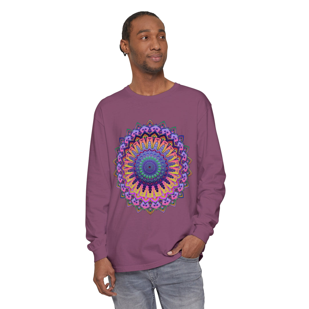 Intricate Mandala design with vibrant colors on a Unisex Long Sleeve T-Shirt