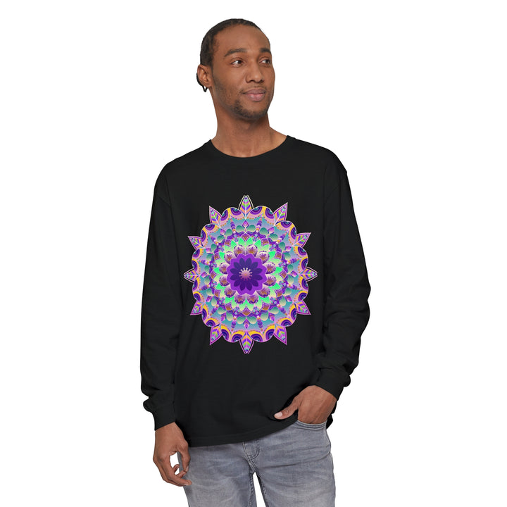 Colorful and vibrant mandala design long sleeve t-shirt for a psychedelic look