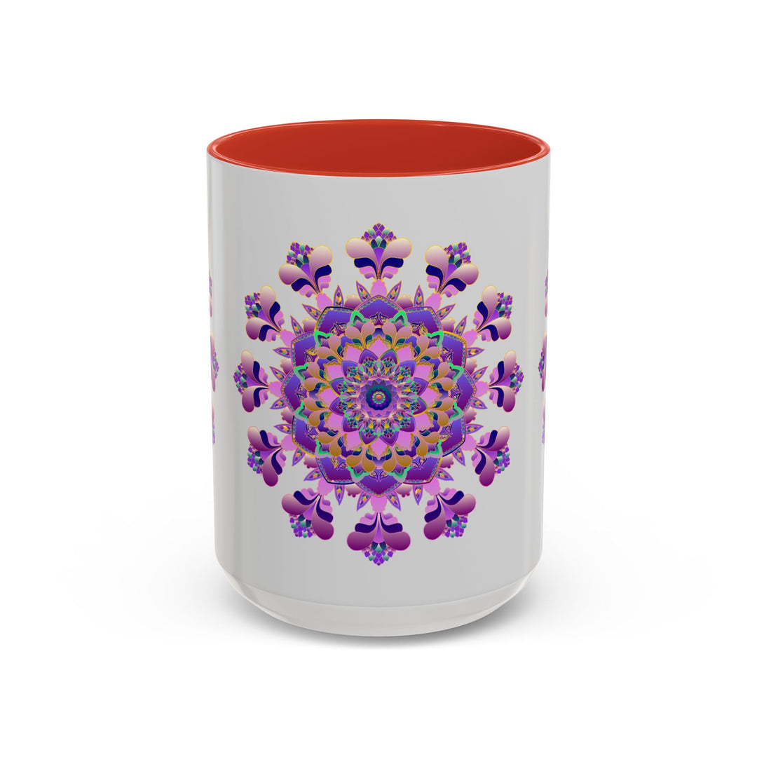 Large ceramic mandala mug in shades of purple and pink with intricate floral design