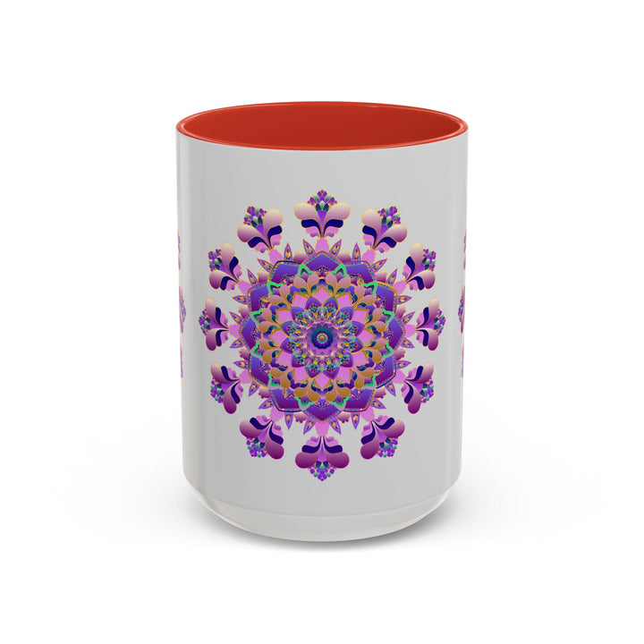 Large ceramic mandala mug in shades of purple and pink with intricate floral design