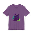 Vibrant purple t-shirt featuring a mysterious cat in abstract design