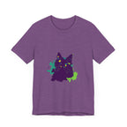 Vibrant purple t-shirt featuring a mysterious cat in abstract design