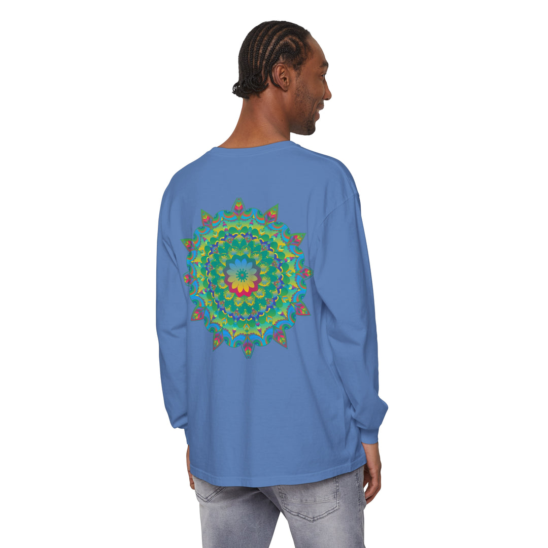 Vibrant and colorful long sleeve t-shirt featuring a psychedelic mandala design