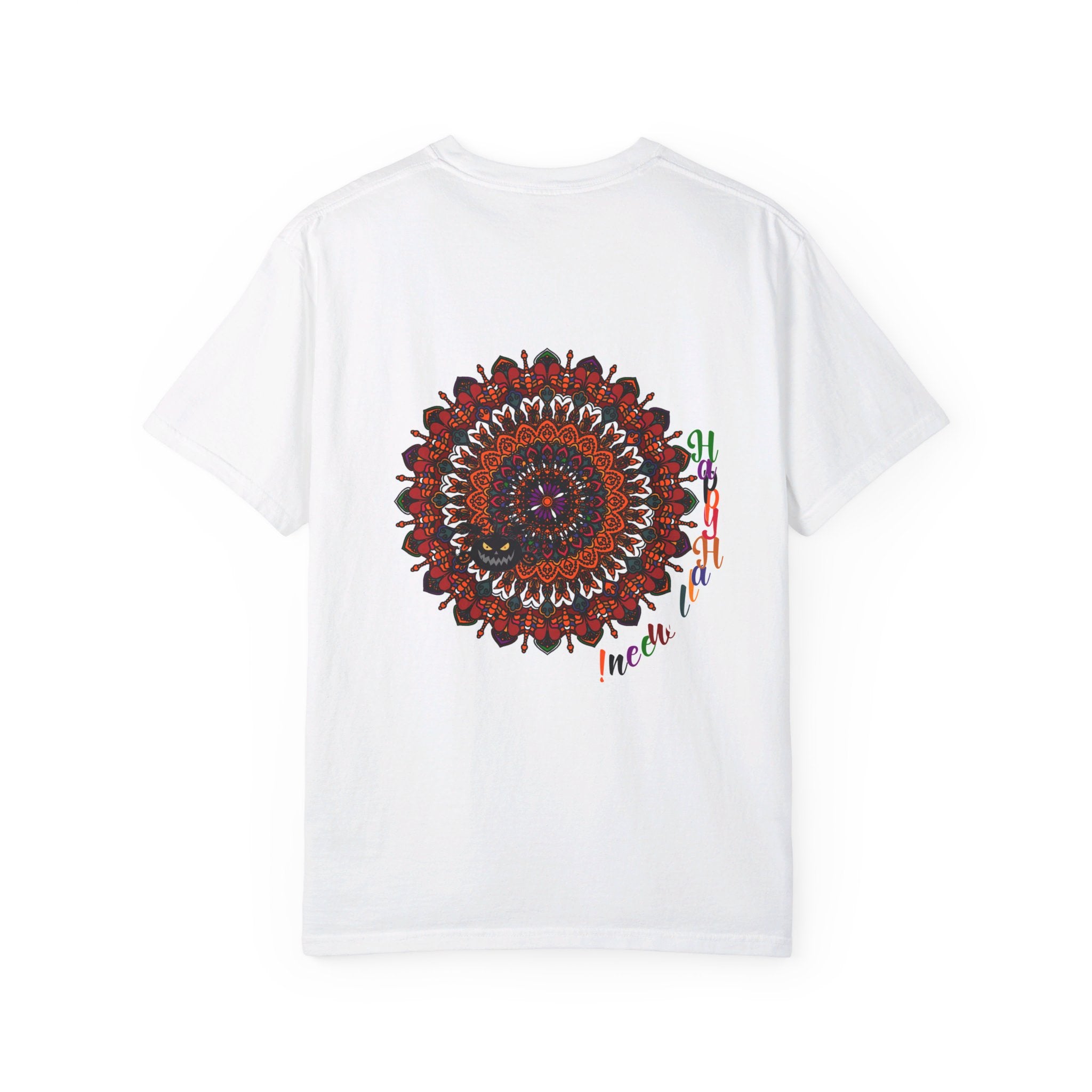 Unisex Halloween Mandala T-Shirt featuring handmade pumpkin mandala art on garment-dyed tee