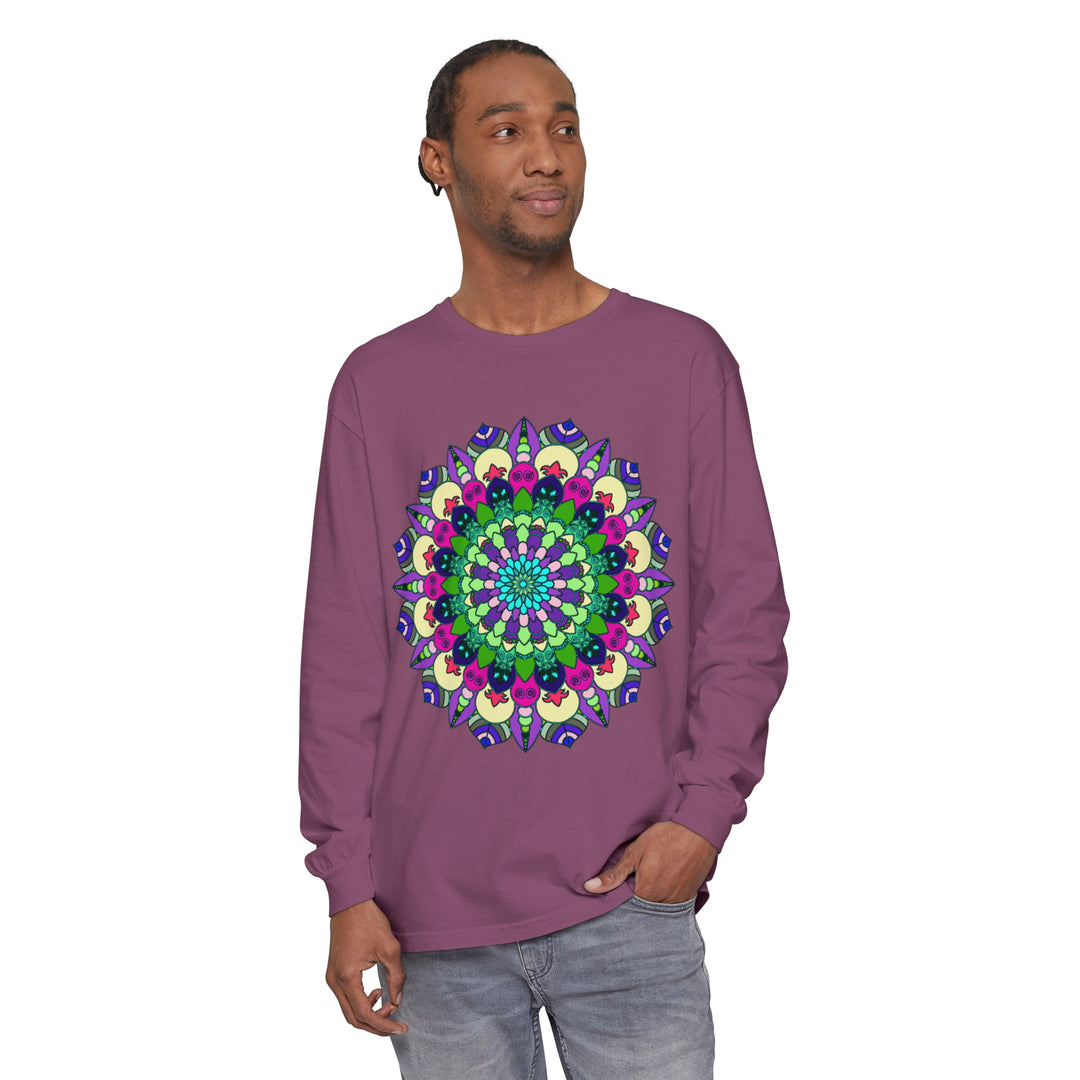 Vibrant Mandala long sleeve t-shirt in unisex sizing, featuring a colorful and intricate mandala design on a comfortable and stylish tee