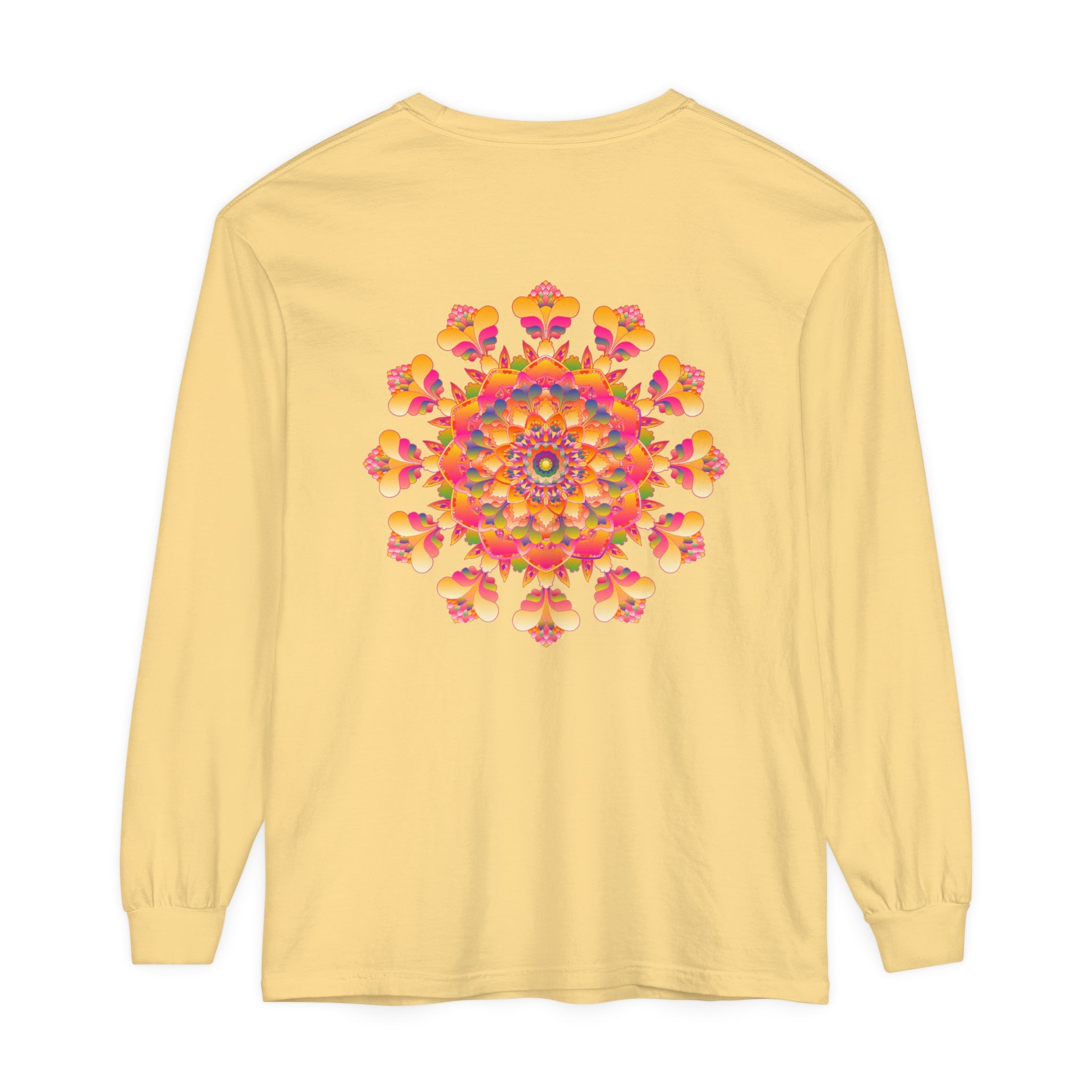 Colorful and intricate mandala design on a unisex long sleeve t-shirt