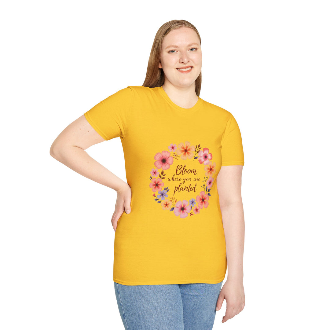 Colorful floral mandala design with a motivational quote on a comfortable t-shirt