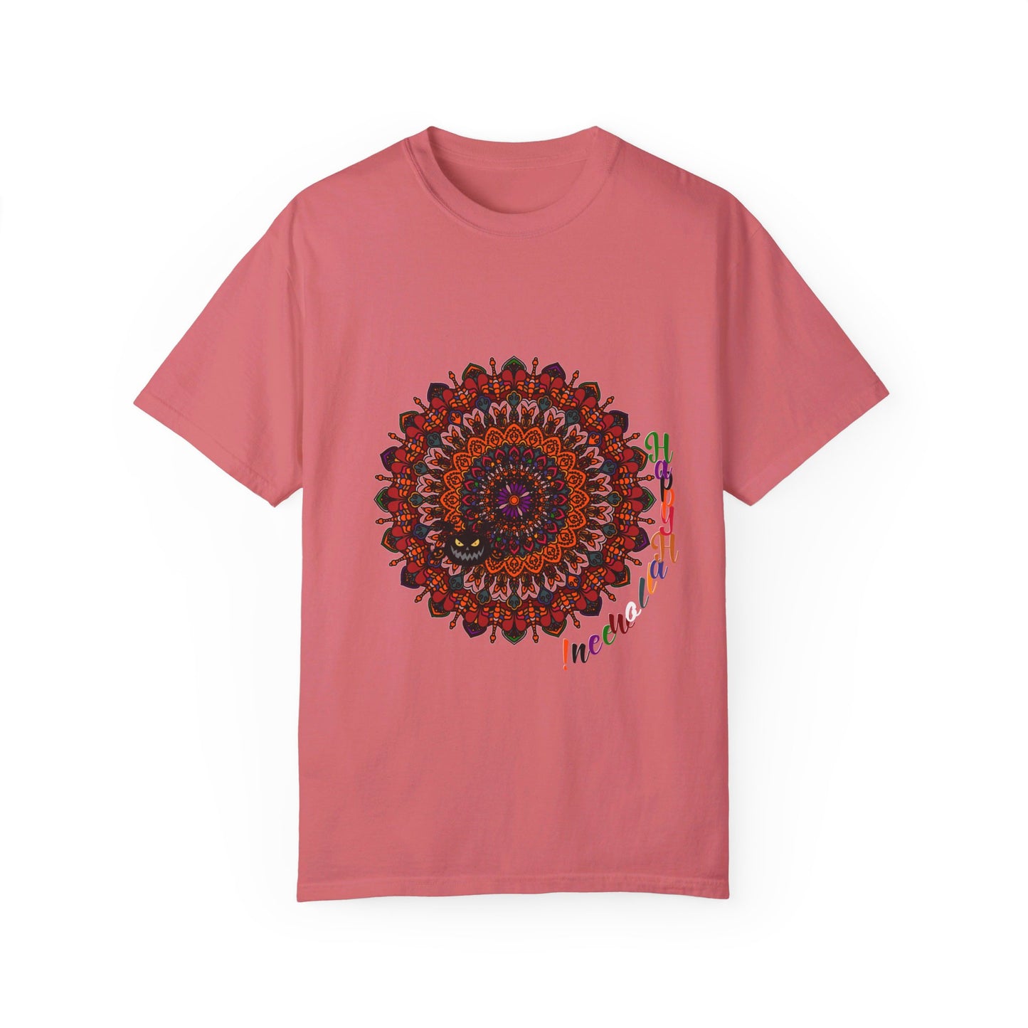 Halloween Mandala T-shirt Unisex - Handmade Pumpkin Mandala Art - Garment-Dyed Tee, perfect for spooky season festivities and casual wear