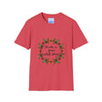 White t-shirt with a beautiful floral garland design and the words 'Breathe in Peace Exhale Stress' in elegant script font