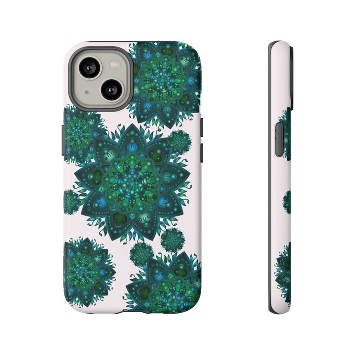 Beautiful light pink and green mandala phone case with a peaceful and intricate design, perfect for adding a touch of serenity to your phone