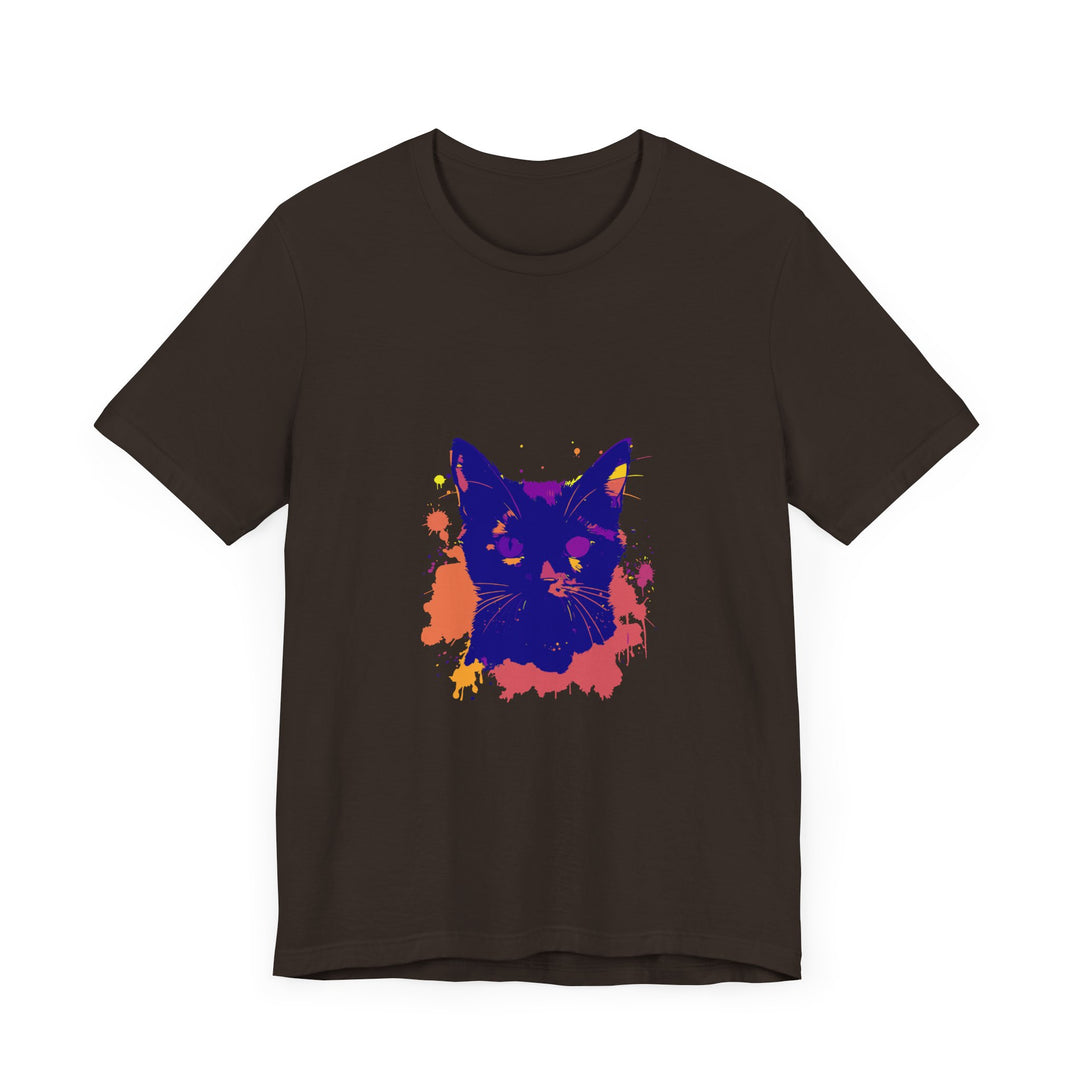 A detailed view of the black cat mystery t-shirt with a colorful and striking splatter