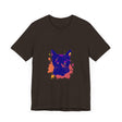 A detailed view of the black cat mystery t-shirt with a colorful and striking splatter