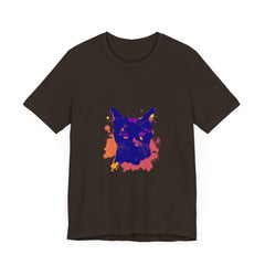 A detailed view of the black cat mystery t-shirt with a colorful and striking splatter