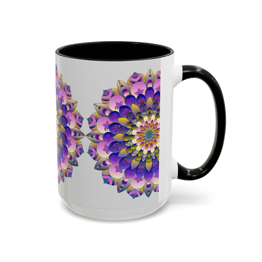 Mandala Art Mug - Vibrant and intricate designs in various colors on a sleek grey ceramic mug