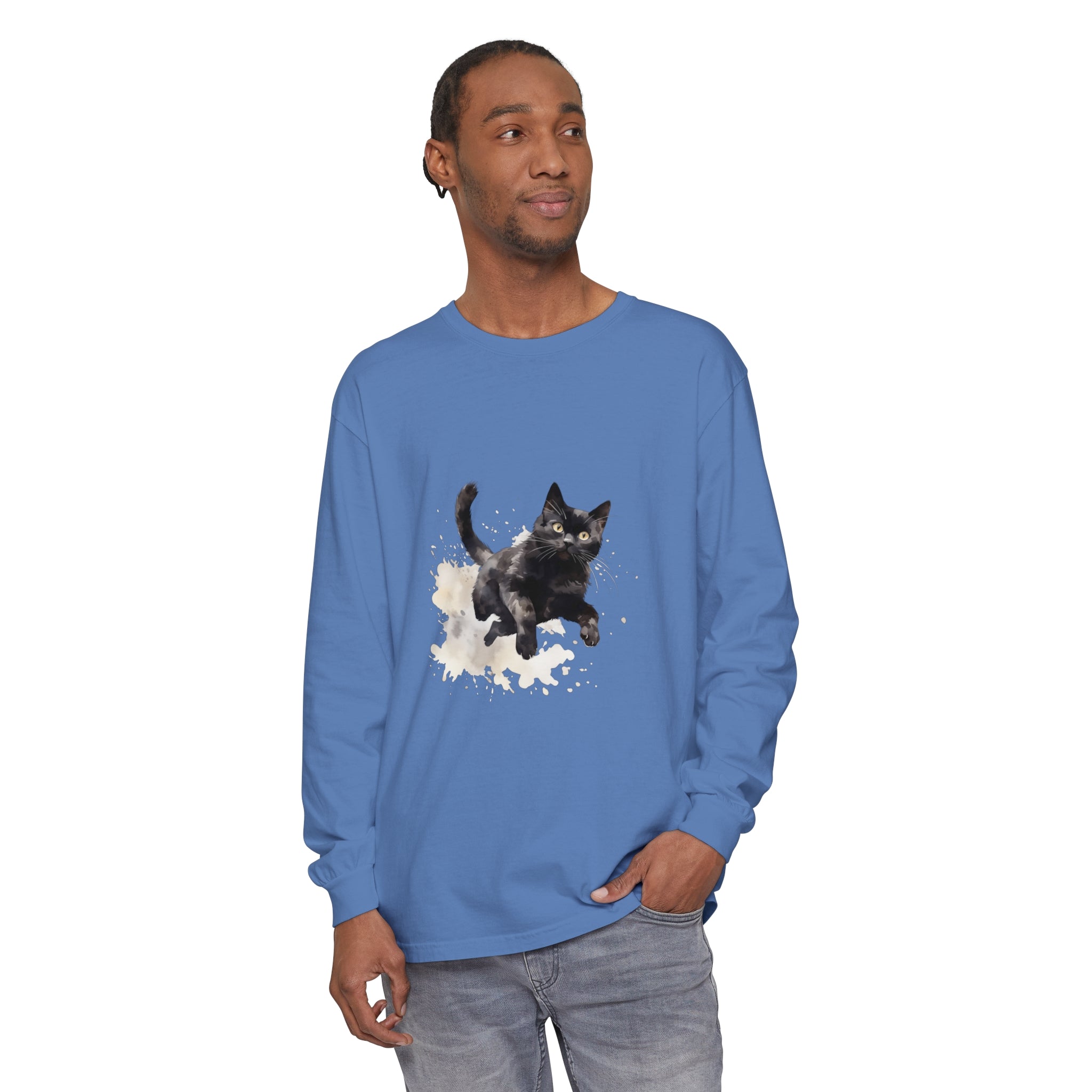 Black Cat Watercolor Splash T-Shirt featuring a playful feline design