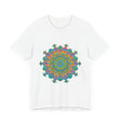 Colorful vibrant mandala tee shirt with circular floral design, perfect for adding a pop of color to your wardrobe
