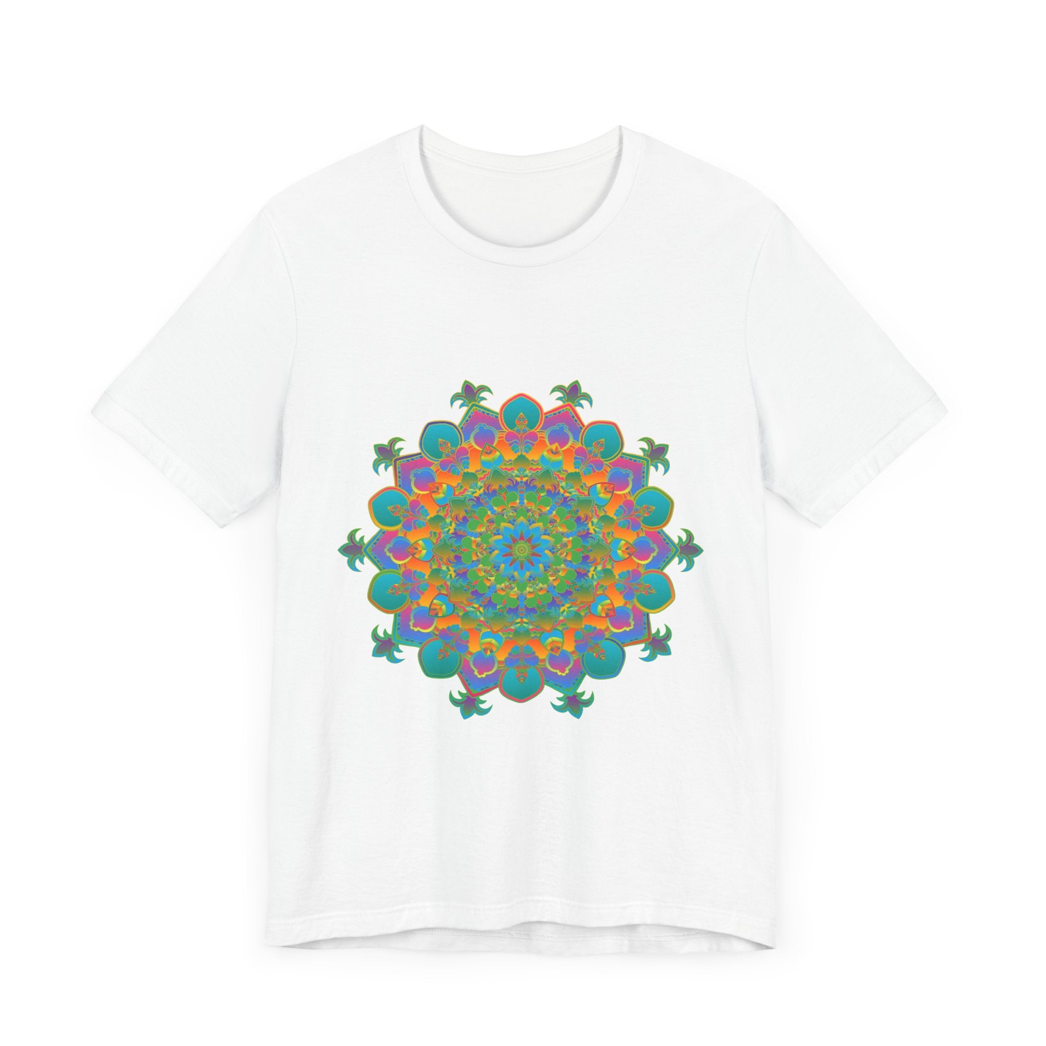 Colorful vibrant mandala tee shirt with circular floral design, perfect for adding a pop of color to your wardrobe