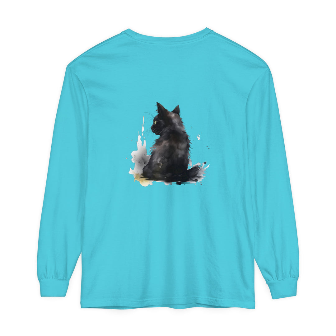 Long sleeve black t-shirt featuring a watercolor dream design with a cat