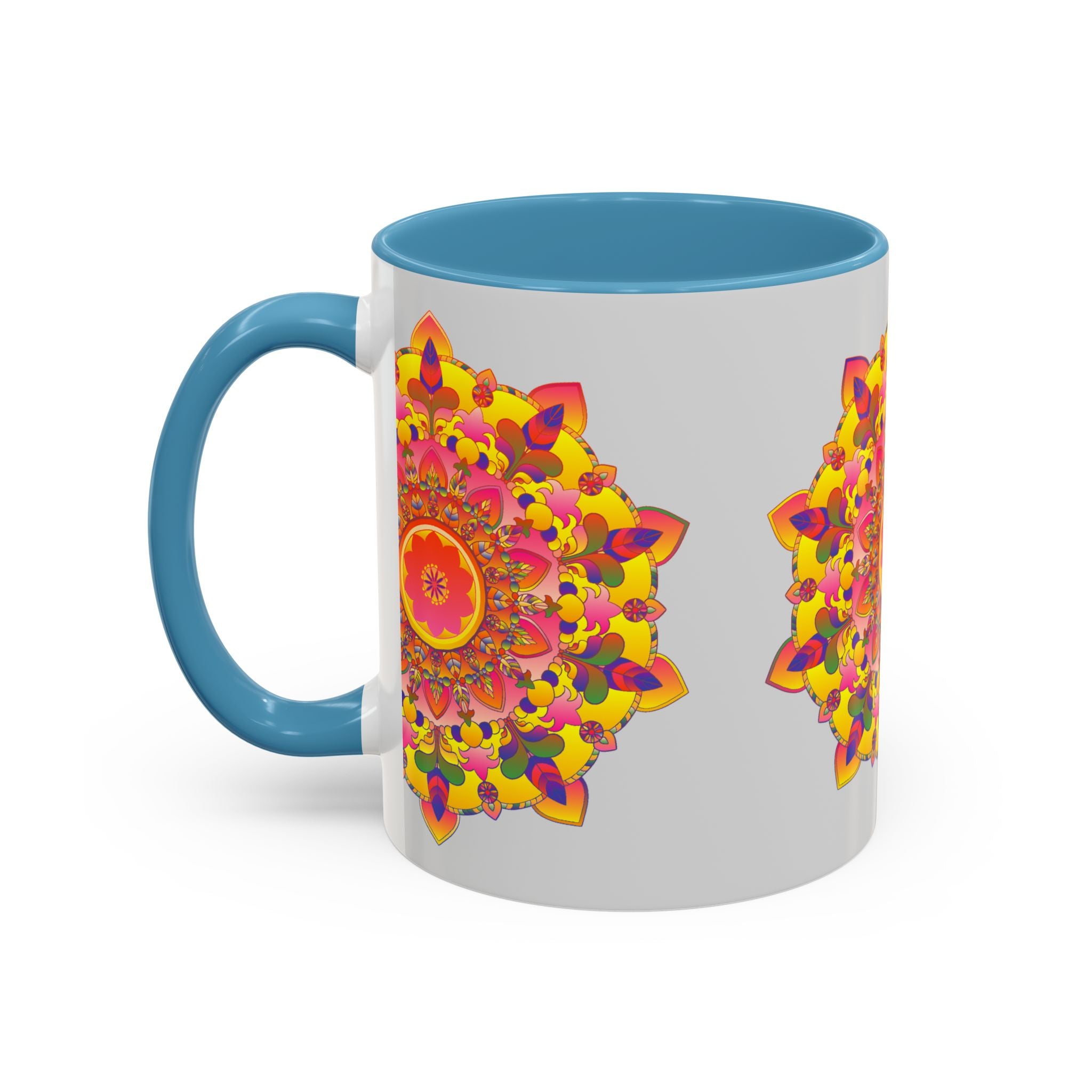 A close-up image of a colorful and intricate mandala art mug, featuring vibrant patterns and designs in shades of blue, green, red, and yellow