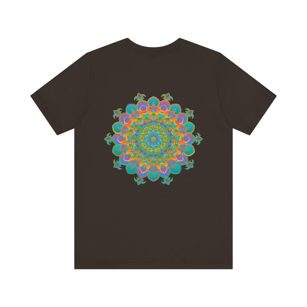 A close-up image of a vibrant mandala tee with intricate patterns, symbolizing spiritual peace and harmony, perfect for meditation and yoga practice