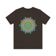 A close-up image of a vibrant mandala tee with intricate patterns, symbolizing spiritual peace and harmony, perfect for meditation and yoga practice