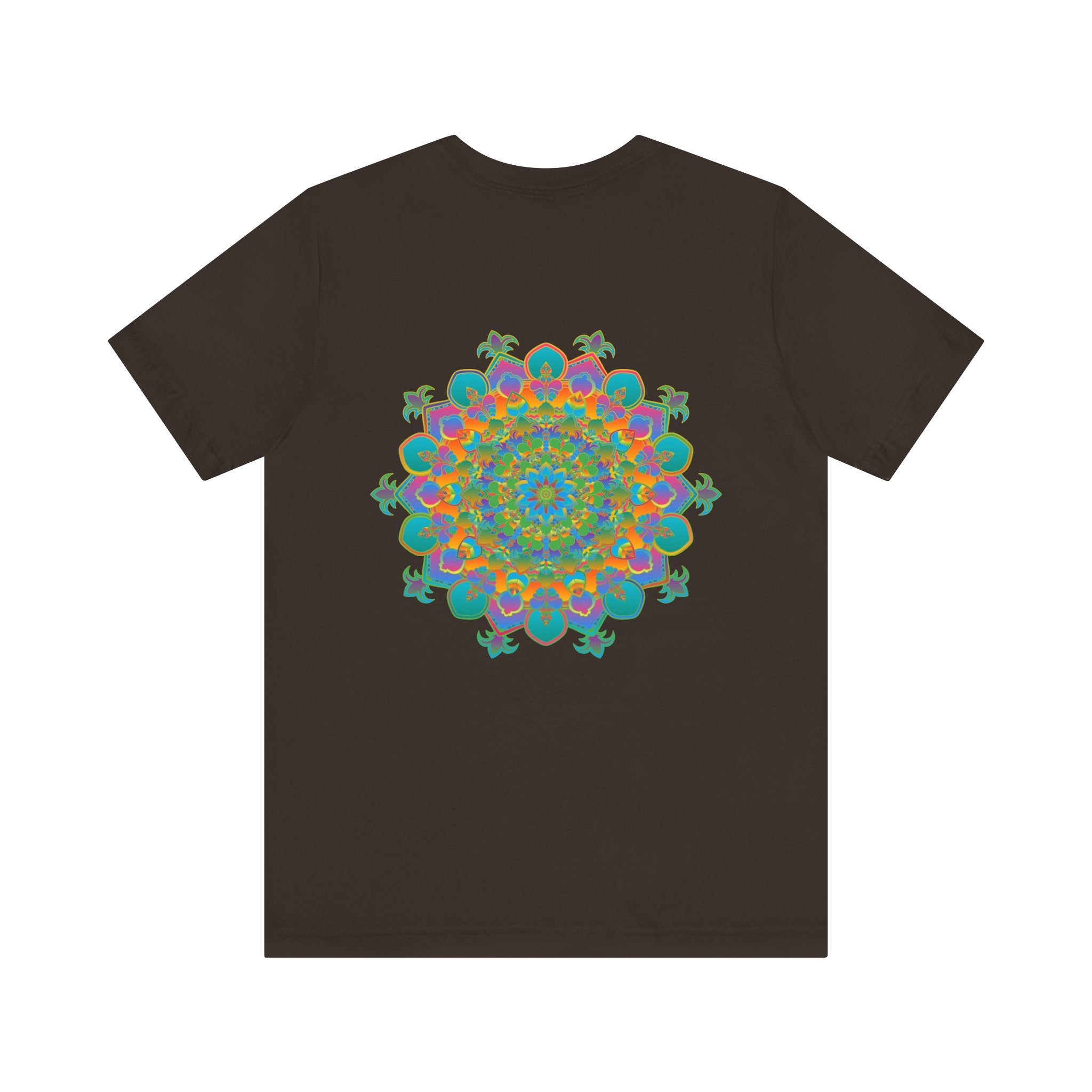 A close-up image of a vibrant mandala tee with intricate patterns, symbolizing spiritual peace and harmony, perfect for meditation and yoga practice