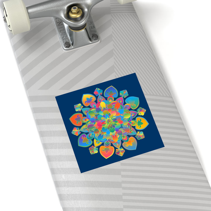 Hand-Drawn Mandala Laminate Stickers – Gold, Red, and Green on Royal Blue