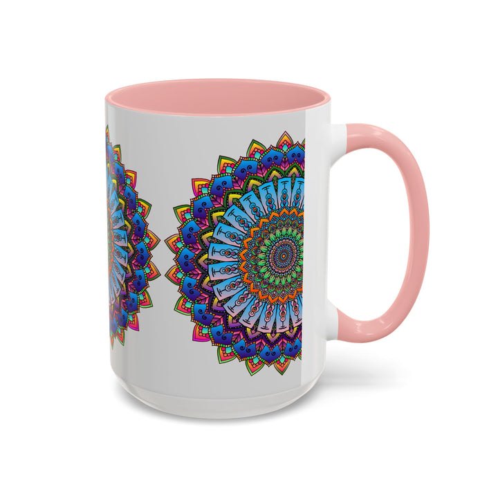 Vibrant Mandala Mug showcasing colorful and intricate art on a grey background