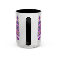 A beautiful purple and pink floral mandala design adorns this ceramic mug