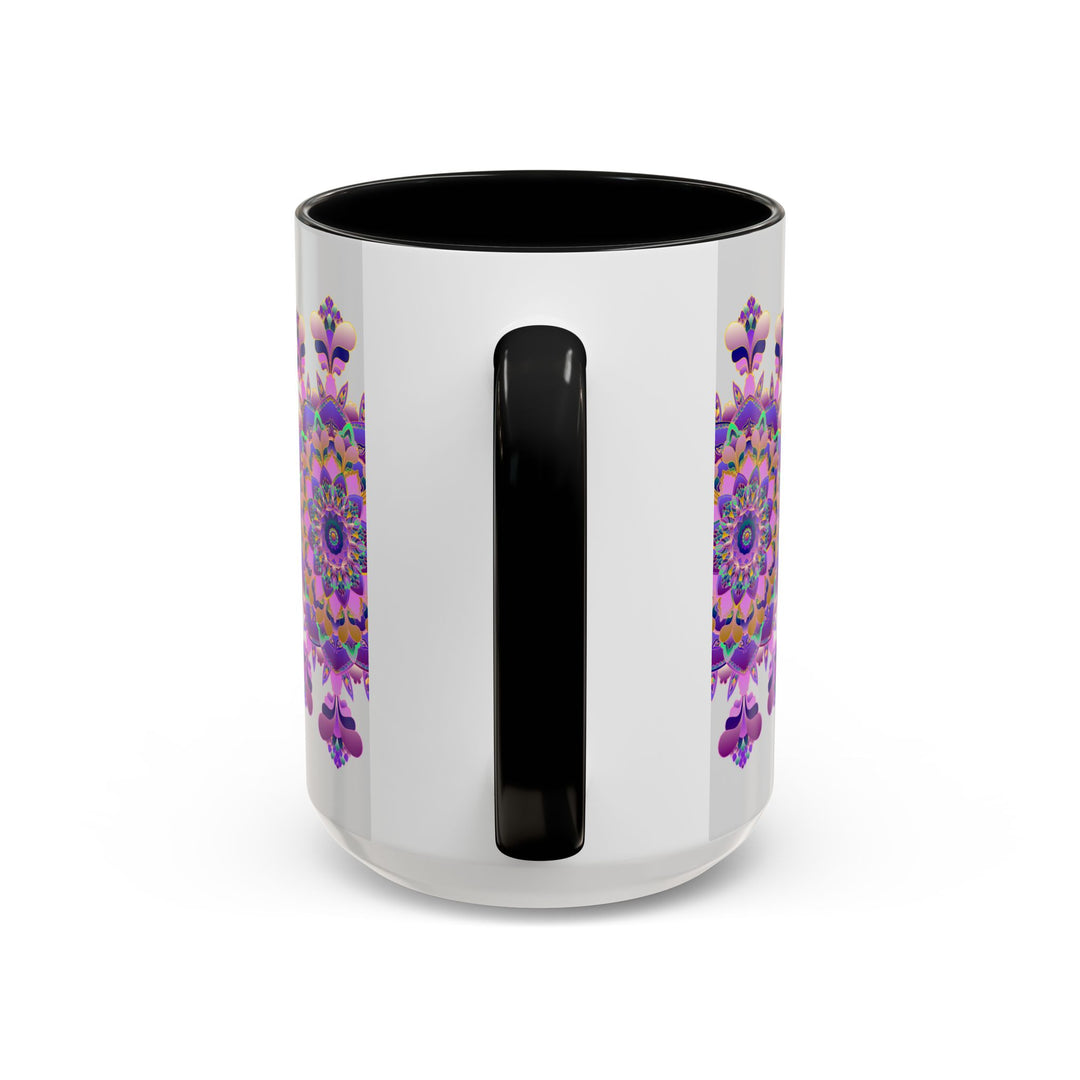 A beautiful purple and pink floral mandala design adorns this ceramic mug