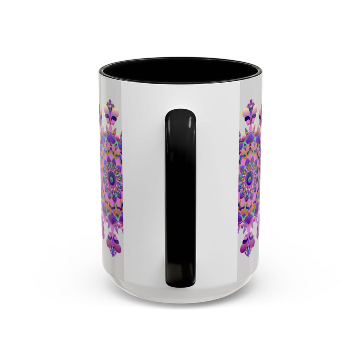 A beautiful purple and pink floral mandala design adorns this ceramic mug