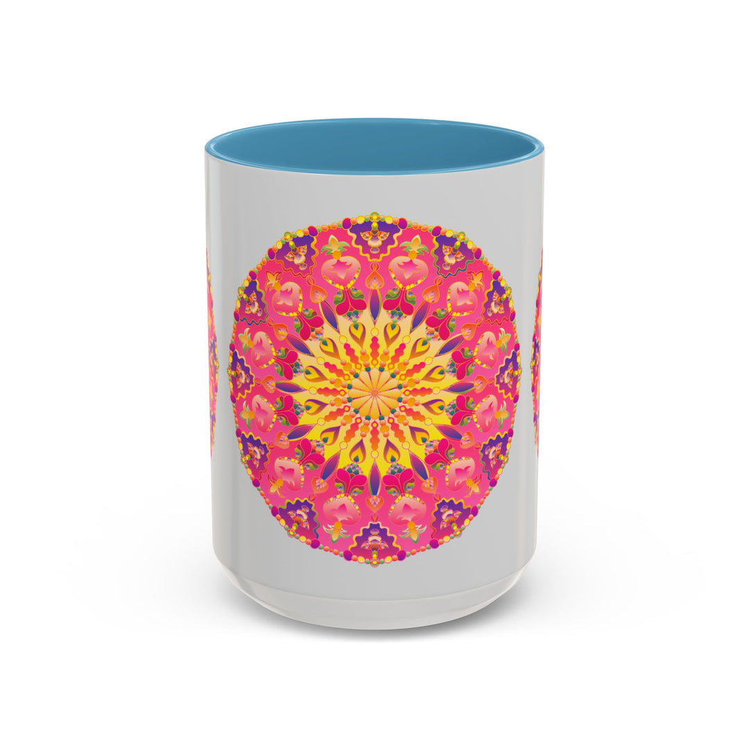 Colorful mug featuring intricate mandala art in shades of pink, yellow, and green