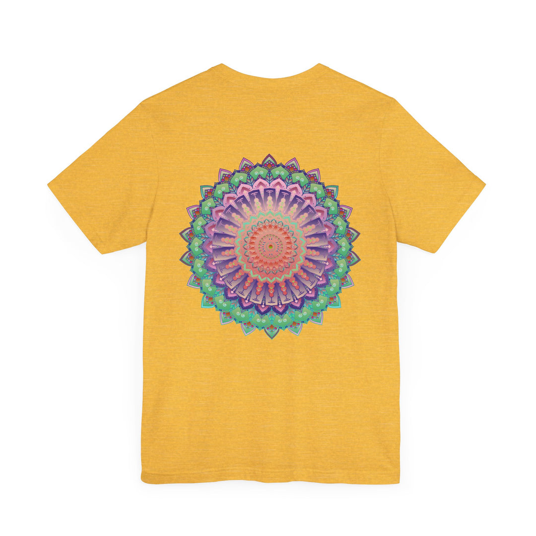 Beautiful white t-shirt featuring a vibrant mandala design, symbolizing spiritual peace and harmony