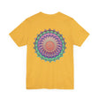 Beautiful white t-shirt featuring a vibrant mandala design, symbolizing spiritual peace and harmony
