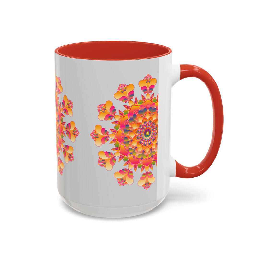 Beautiful ceramic mug with a vibrant mandala floral design in various hues