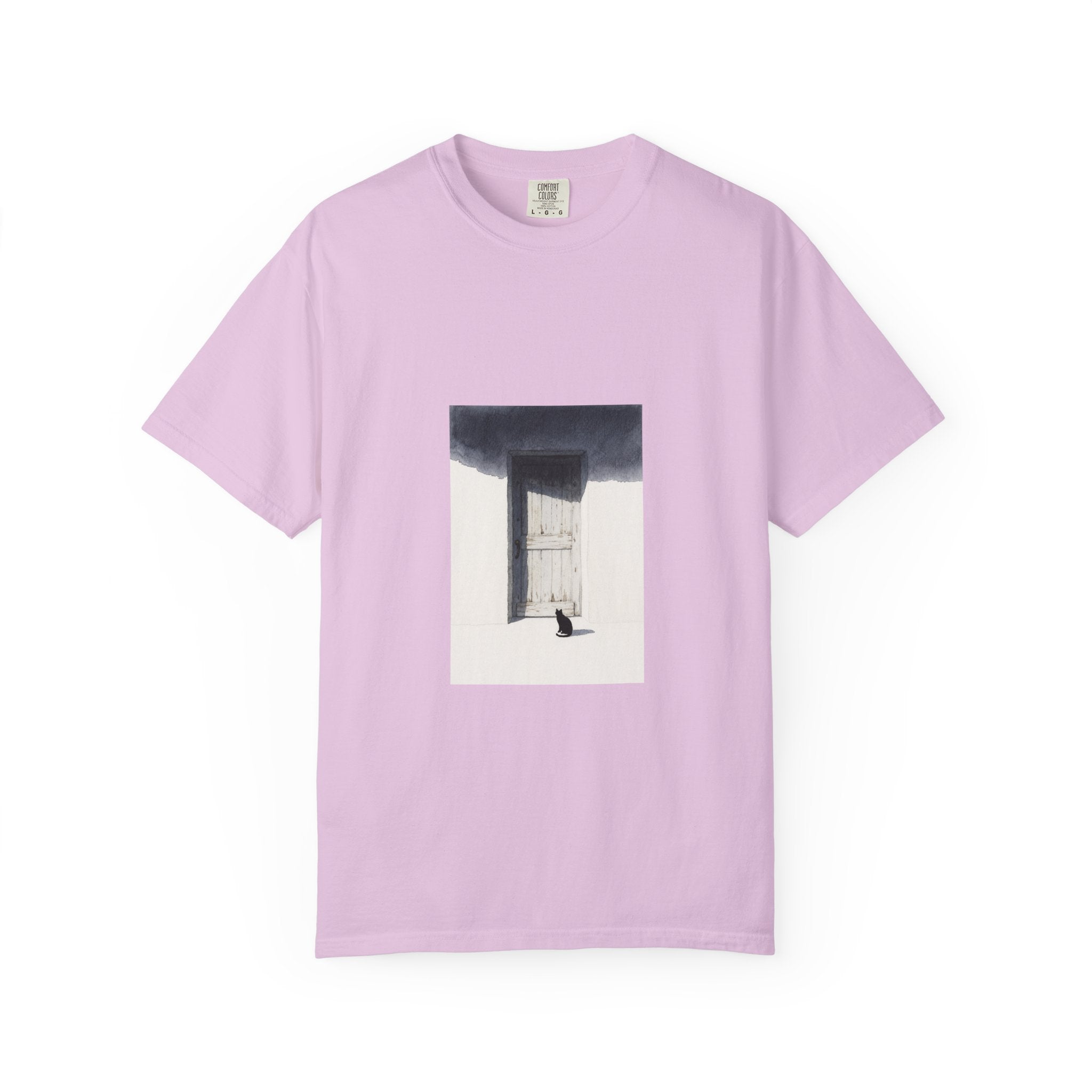 T-Shirt — Minimal Art Cat at Door Graphic Tee