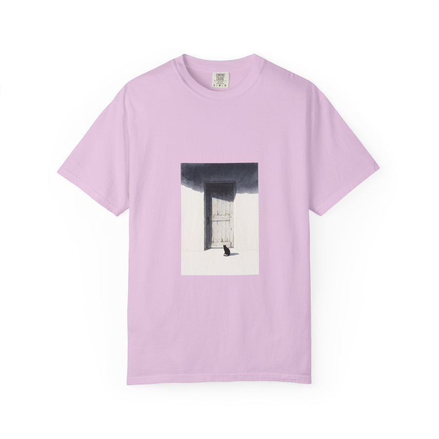 T-Shirt — Minimal Art Cat at Door Graphic Tee