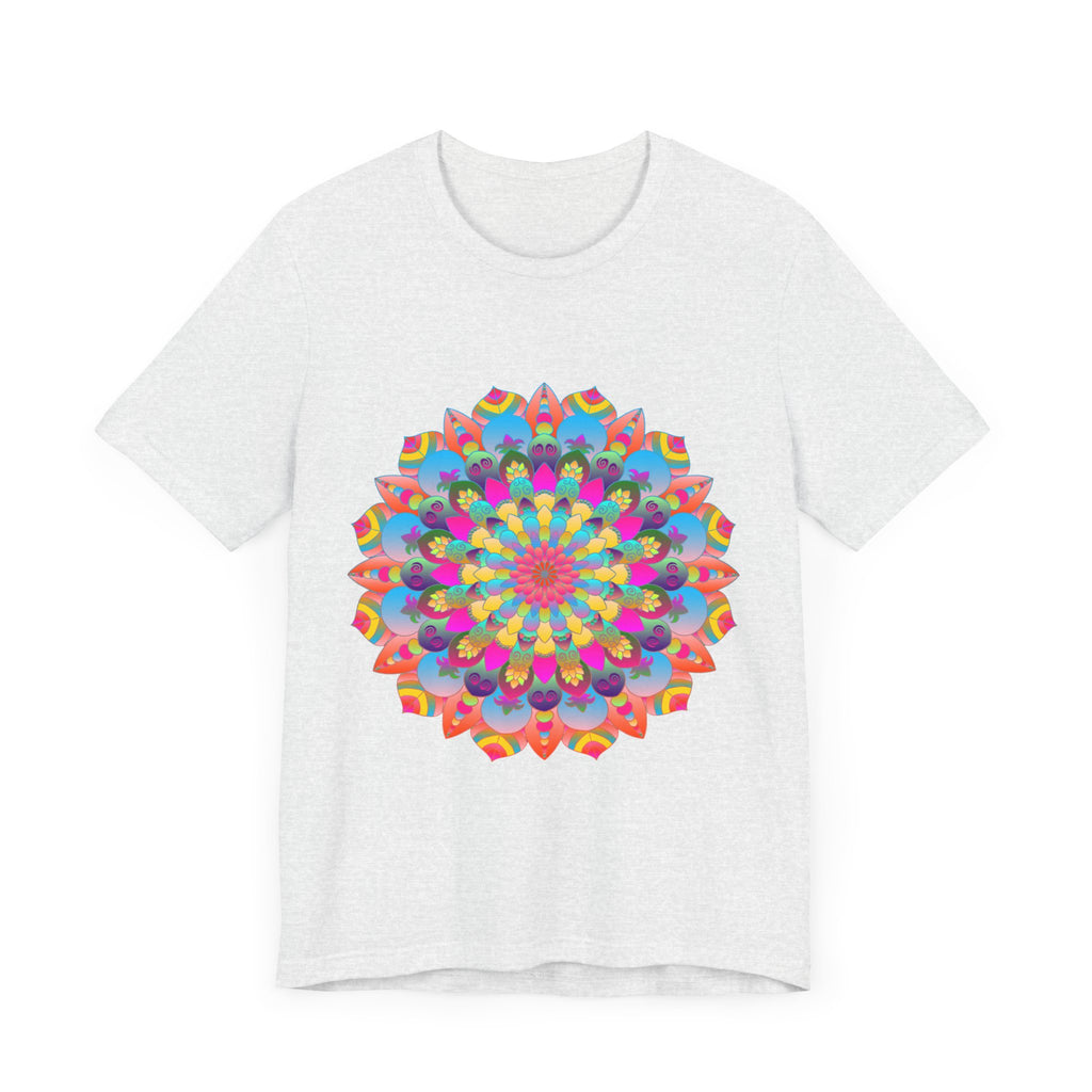 Vibrant and intricate colorful mandala flower design on a t-shirt, inspired by psychedelic art and perfect for adding a pop of color to your wardrobe