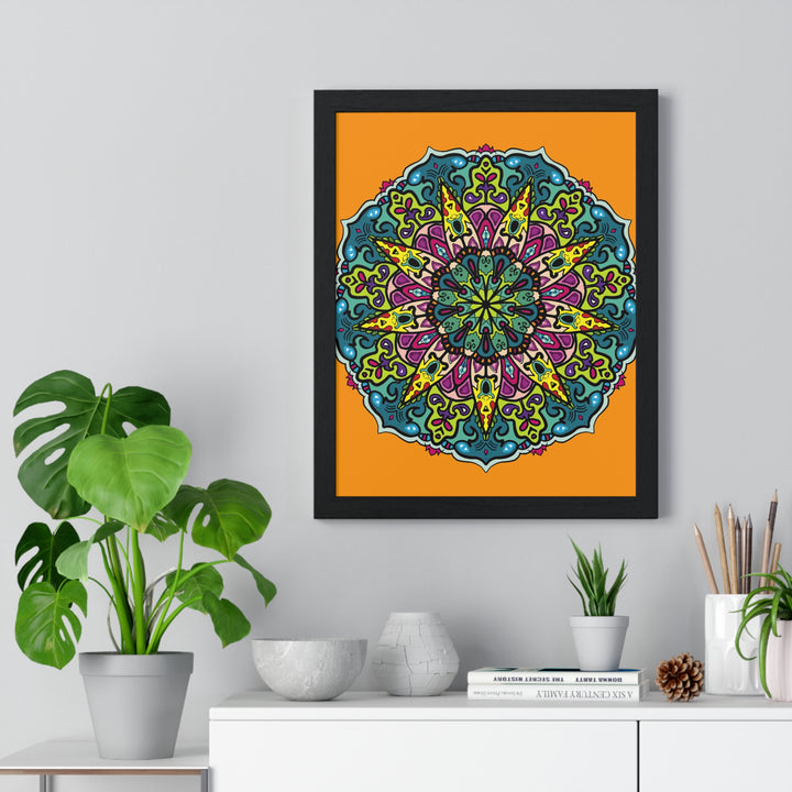 A vibrant orange mandala art poster with intricate hand-drawn details